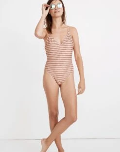 Madewell Ribbed Low-V One-Piece Swimsuit In Ombré Stripe