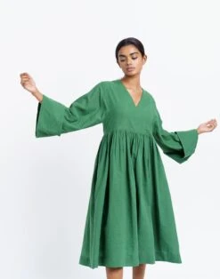 Madewell World Of Crow Basil Green Gathered Midi Dress