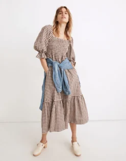 Madewell Lucie Elbow-Sleeve Smocked Midi Dress In Gingham