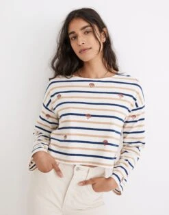 Madewell Mushroom Embroidered Organic Cotton Supercrop Long-Sleeve Tee In Stripe