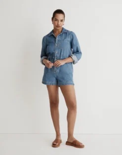 Madewell Denim Long-Sleeve Romper In Rushland Wash