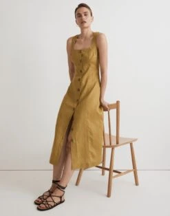 Madewell Button-Front Midi Dress In 100% Linen -Madewell Sales NL082 GR6133 d5